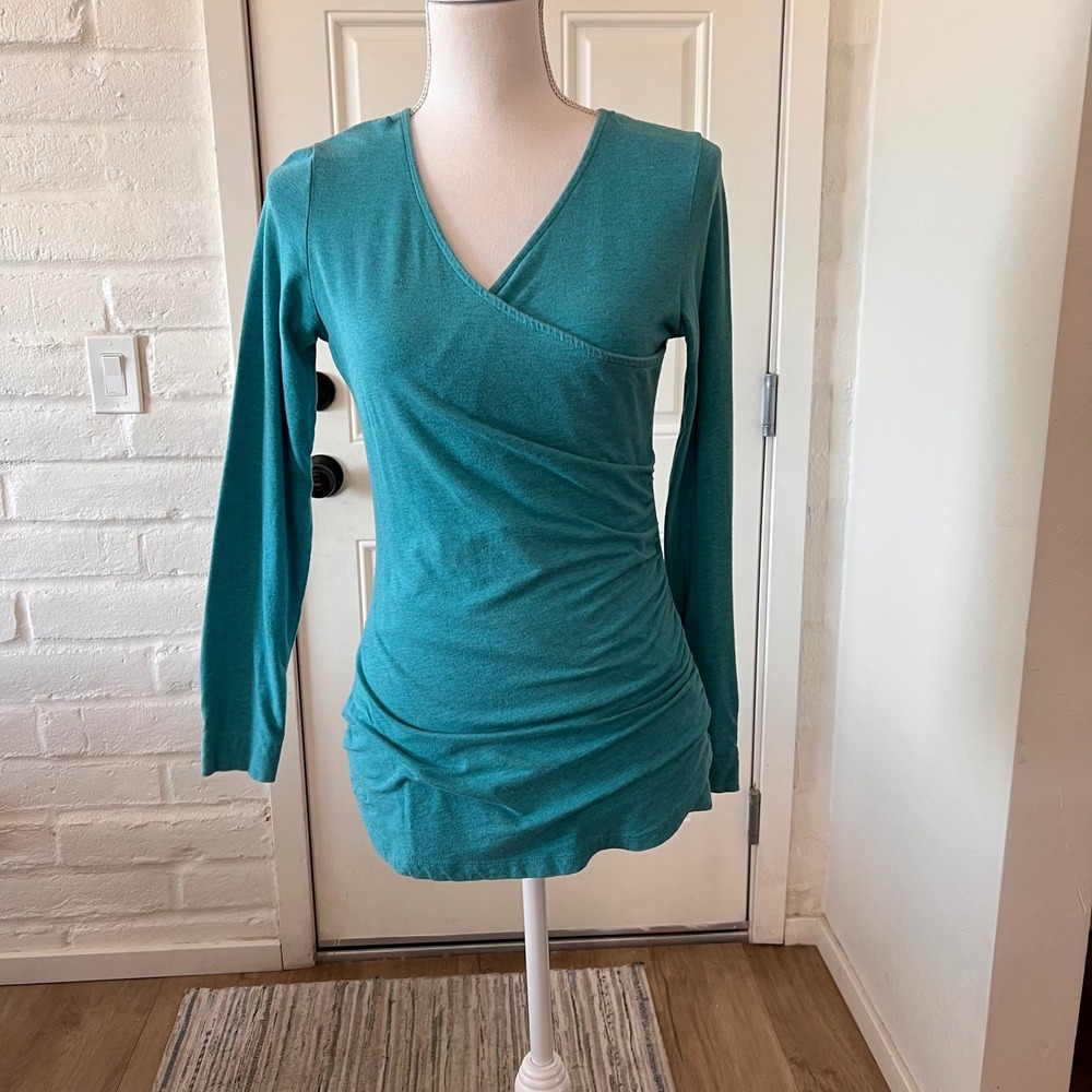 Kuhl Womens Teal Heather Faux Wrap Long Sleeve Ruched Top Size Small